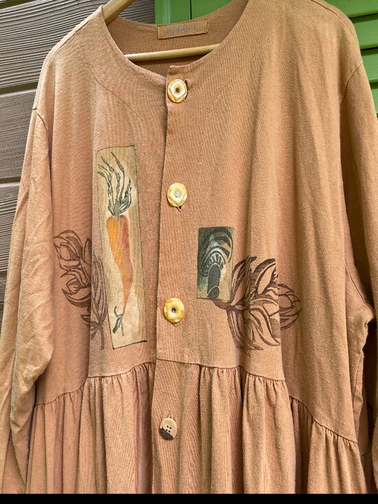 Bluefish Dresses & Skirts - Vintage 1990s Bluefish Carrot & Mushrooms Handpainted Dress w/Pockets -Size Plus